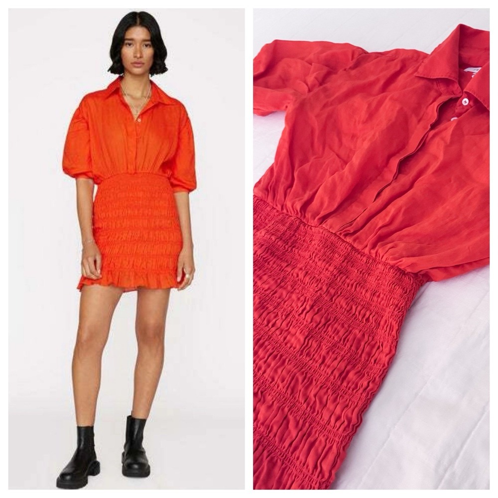 Frame Women's Smocked Shirt Dress XS Puff Sleeve Button-Front Mandarin $478